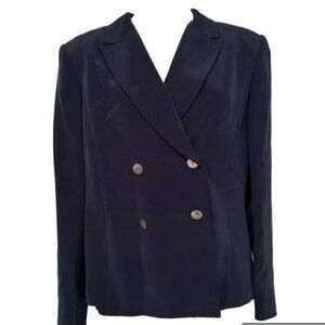 Vintage Navy Double Breasted Blazer Size 10 100% Silk Office Business